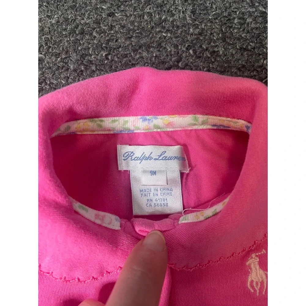 Ralph Lauren Polo Romper Pink Baby Girls 9M Long Sleeve Floral Ruffle Coverall